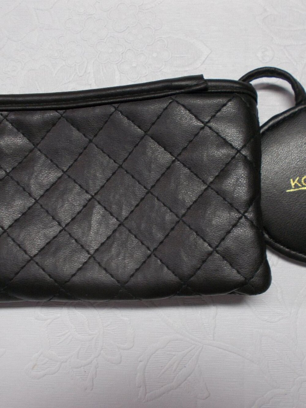 Vintage Koret black quilted makeup pouch with mirror on tassel